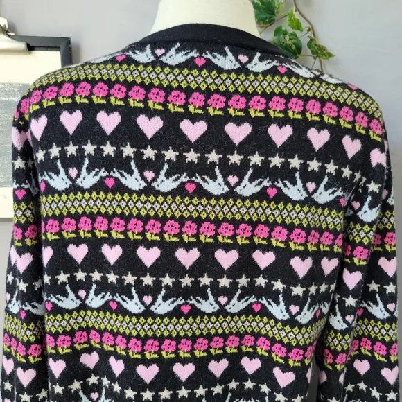Anthropologie Maeve Hearts Dove Floral Cropped Novelty Cardigan Sweater L - Picture 5 of 14
